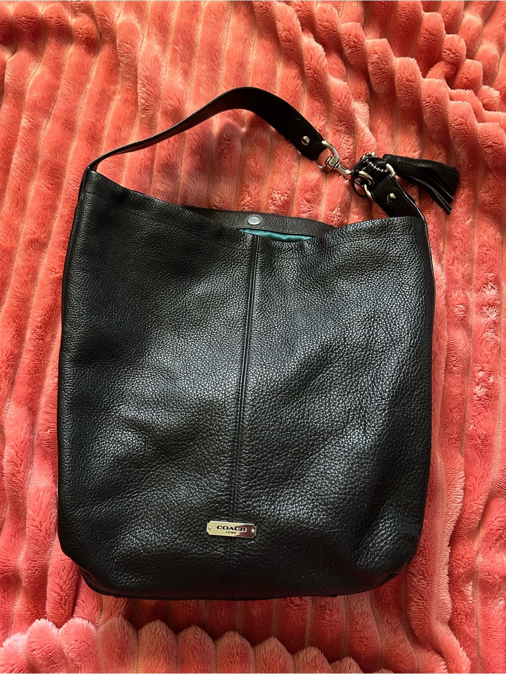 Coach Black Pebbled Leather Shoulder Hobo with Tassel